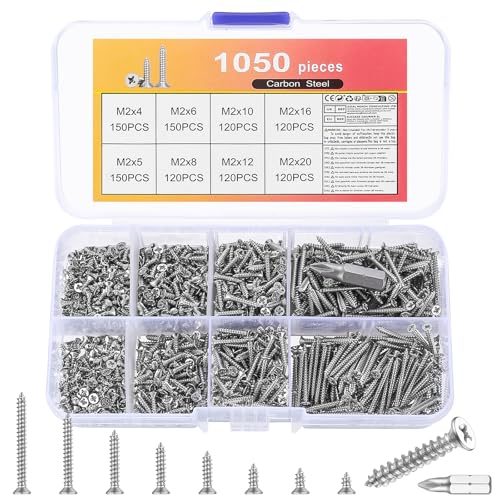 1050 Stück M2 Schrauben Set, Holzschrauben Sortiment, Selbstschneidende Schrauben mit Senkkopf Schrauben Set, Kleine Flachkopfschrauben Holz Blechschrauben Schraubenset, Schnellbauschrauben