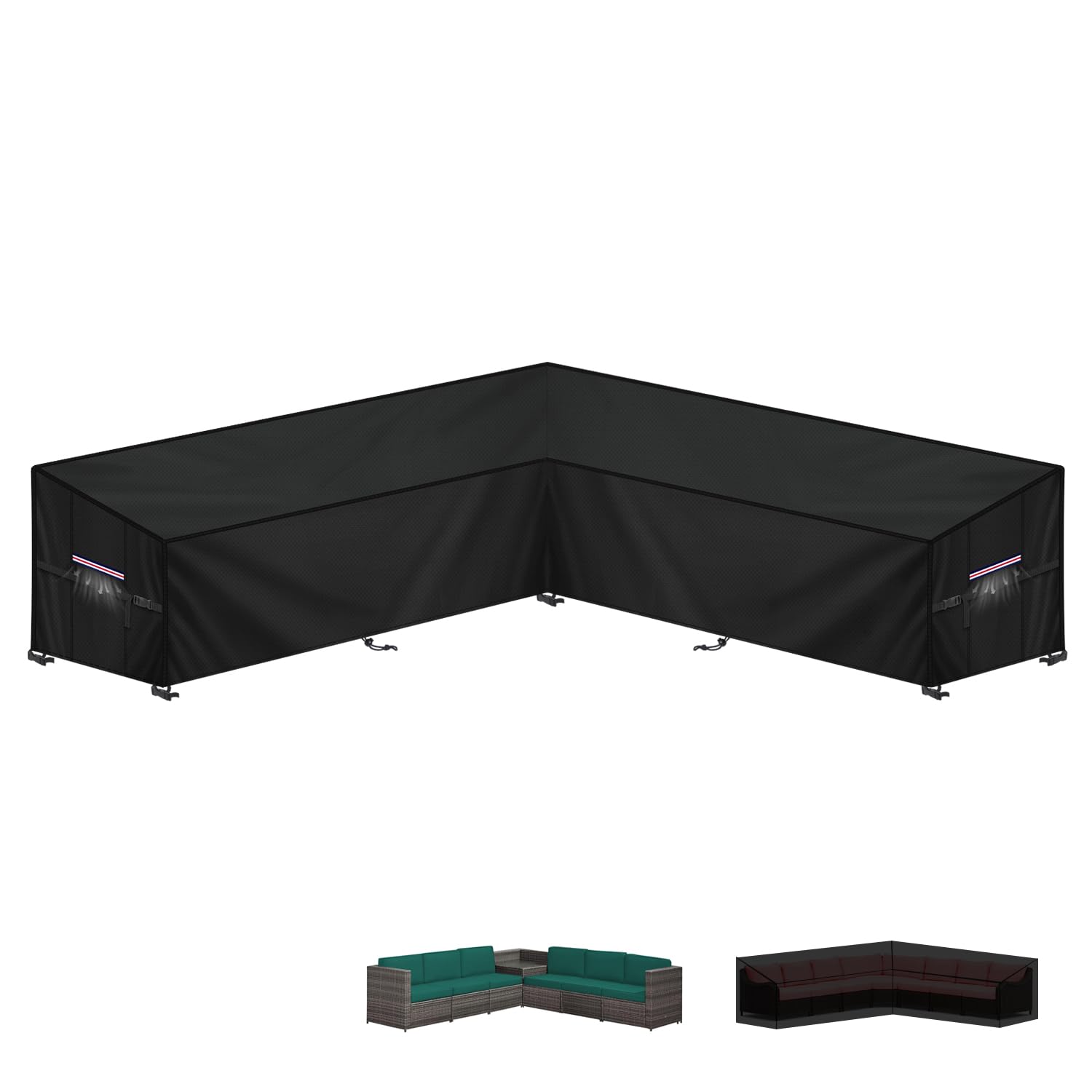 LAMUNI Tuinmeubelhoes L-Vorm Afdekhoes voor Tuinmeubelen Waterdichte Rotan Hoekbankhoes Buiten Tuinbankhoes Lounge Afdekking Beschermhoes voor Hoekbank met Ventilatieopeningen, 265x265x100x90/65cm