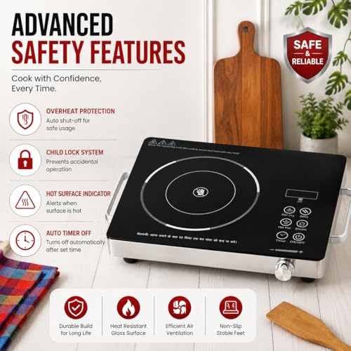 Image of Chakmak Lava Infrared Cooktop 2.0 | Touch Panel | Universal Cookware Compatible | Fast Heating Electric Cooktop | Crystal Glass Top | Timer & Preset Modes | Black & Silver (2200W)