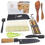 Kit completo: este estuche contiene 9 instrumentos, incluyendo un cuchillo japonés, un cuchillo de aguacate, un pincel, una cuchara de arroz, dos trenzas de bambú, un molde para sushi, 4 pares de palillos, una guía de preparación y una sorpresa