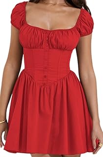 Women's Casual Party Mini Dress Elegant Square Neck Color Block Summer Babydoll High Waist Dress with Buttons - Buy now