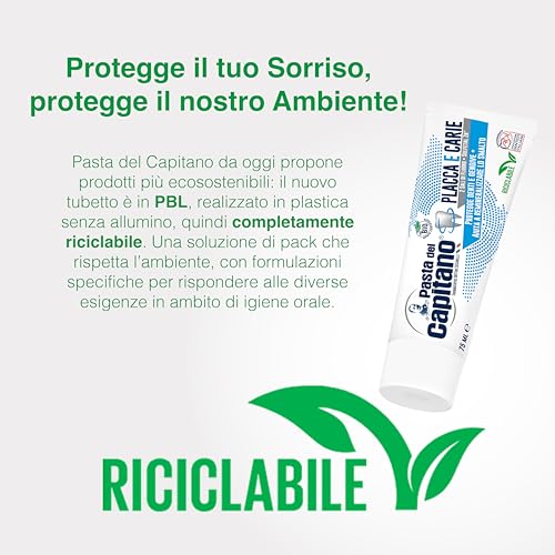 Pasta del Capitano, Dentifricio Placca e Carie Bio, Garantisce una Pulizia Profonda, Protegge Denti e Gengive, Soluzione Ideale contro Placca e Carie, 100% Made in Italy, Tubetto da 75 ml - Immagine 3