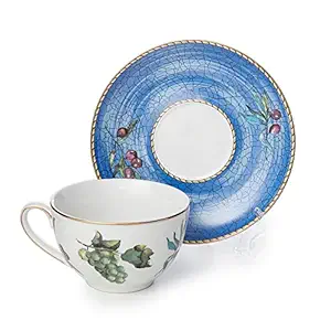 MOSTDEN Fine Bone China Tea Cup 6-Piece Coffee Cup/ Tea Cup Set ,2 Cups 2 Saucers 2 Teaspoons Vintage Tea cup and saucer (Grape Harvest)