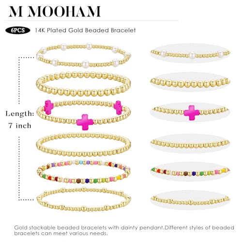 M MOOHAM Beaded Bracelets for Women Girls, 14K Gold Plated Bracelet Stack - image 6