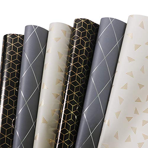 MAMUNU Lot de 6 feuilles de papier cadeau pour garçon ou homme, papier d'emballage pour anniversaire ou fête, 6 feuilles pliées, 50 cm x 70 cm (gris) Cover