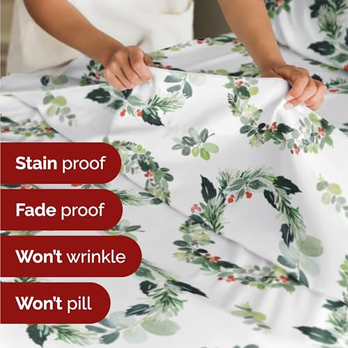Twin XL Christmas Holiday Wreath Sheet Set - Holiday Xmas Pattern Bedding Set - Deep Pockets - Snug Fit - 3 Piece - Wrinkle Free - Comfy Festive Winter - Holiday Sheets for Women, Men, Kids & Teens