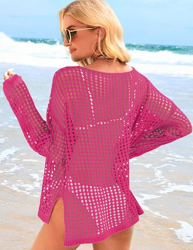 Image of Womens Summer Tops Crochet Sweaters Swimsuit Cover Ups Hollow Out Loose Lightweight Beach Knit Pullover