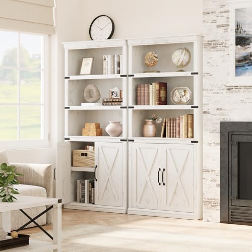 GAOMON Farmhouse Bookcases with Doors, 5 Tier Bookshelf with Storage, 70 inch Tall Bookshelf and Bookcase, Wooden Storage Cabinet for Living Room, Home, Office, Bedroom (White)
