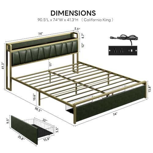 Image of LIKIMIO California King Size Bed Frame with 2 Drawers and Charging Station | Platform Bed with Upholstered Storage Headboard, No Box Spring Needed, Easy Assembly, Sturdy, Green