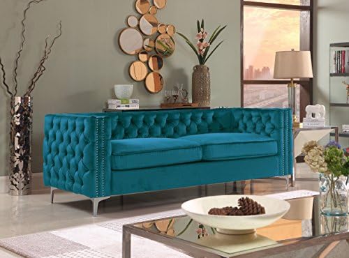 Iconic Home Da Vinci Modern Contemporary Velvet Button Tufted with Silver Nailhead Trim Silvertone Metal Leg Sofa, Teal