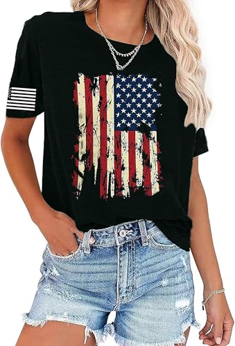 American Flag Shirts Women: 4th of July Shirt Independence Day Patriotic Tees Red White and Blue USA Short Sleeve Tops