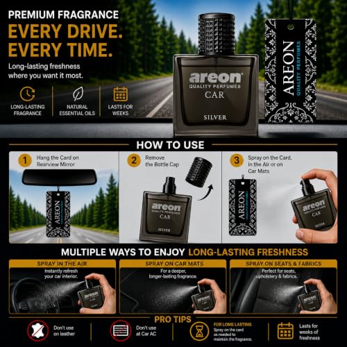 Image of Areon MCP05 Car Air Freshener Perfume for Men Women 1.7 Fl Oz. (50ml) Glass Bottle, SILVER