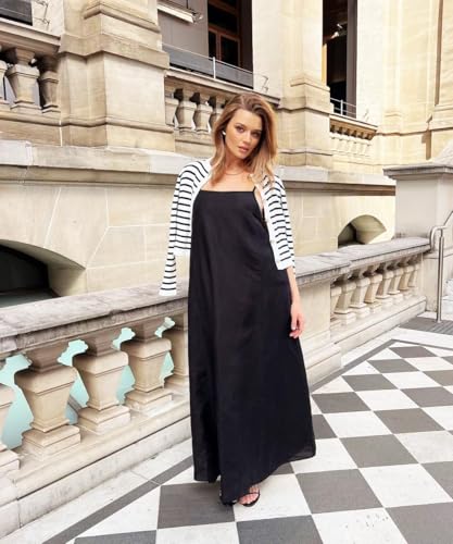 Image of Senllen Women's Linen Dress Summer Loose Flowy Sundress Contrast Spaghetti Strap Sleeveless Backless Beach Maxi Long Dresses