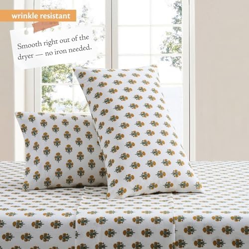 Indigo Ink - King Bed Sheets, Cotton Flannel Bedding with Matching Pillowcases, Ultra-Soft Floral Bed Set, Medium-Weight for All Year Use, Oeko-Tex Certified (Golden Bloom Collection, White/Gold) - Thumbnail 5