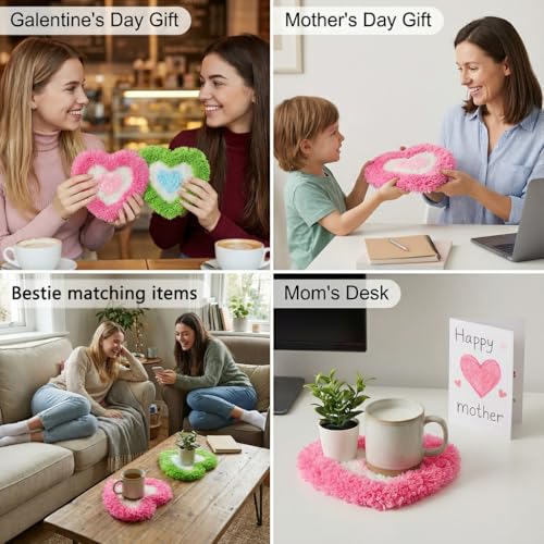 Image of beausougon 2-Pack Latch Hook Kits for Beginners, DIY Heart Coaster Mug Rugs with Non-Slip Backing, Aesthetic Shag Tufting Craft with Soft Chenille & Acrylic Yarn, Cute Y2K Room Decor Gift for Adults