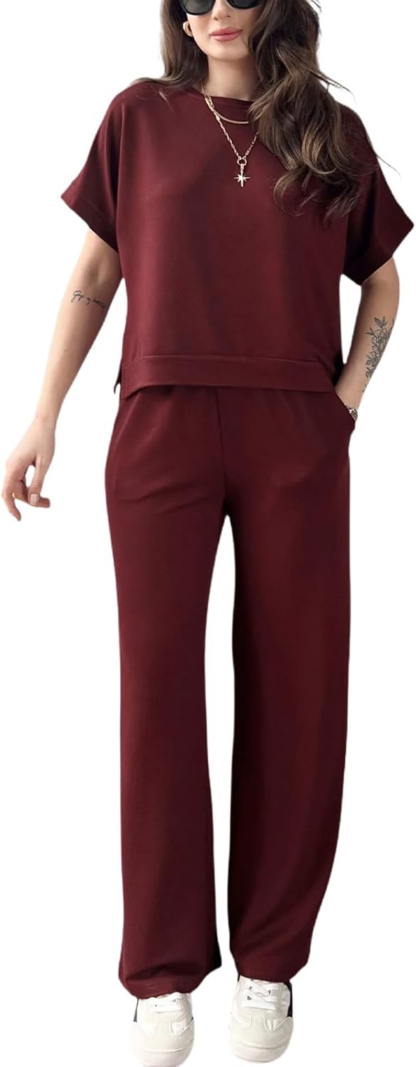 GarRela Women's 2 Piece Outfits Summer Casual Short Sleeve Pullover Tops Wide Leg Pants Sets Jumpsuits