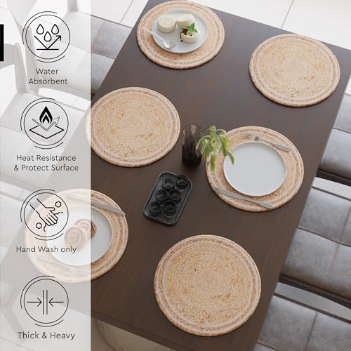 Image of Encasa XO Dining Table Mats Set of 6 | Jute Round Placemat - 32 cm Diameter | Off White & Jute Natural Bleach Color | Handmade Style Chargers for Dinner Plates