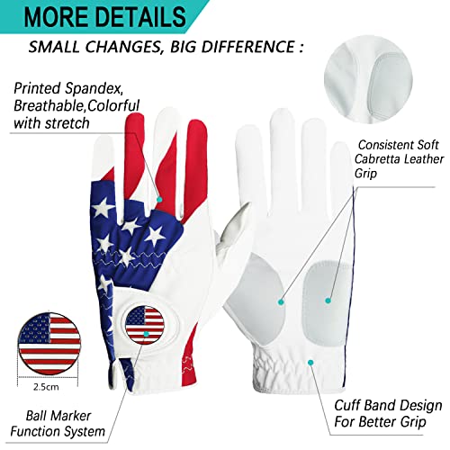 Finger Ten Golf Gloves Men Left Hand Right Leather With Ball Marker Usa Flag Pack, Mens Golf Glove All Weather Grip, Fit Size Small Medium Ml Large Xl (Usa Flag, Large, Left) #TOP1