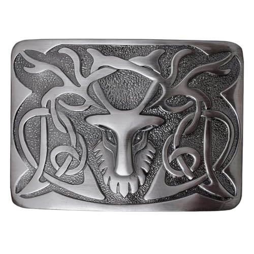 Kilt Emporium Scottish Stag Kilt Belt Buckle for Men Solid Brass Traditional Celtic Design Authentic Highland Dress Accessory Fits 2.5" Kilt Belts (Stag-Engraved-Silver Antique)