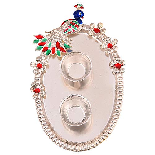 Image of German Silver Choran Roli, Chawal-Akshat-haldi-Sindoor-Kumkum Plate for Gift | Pooja