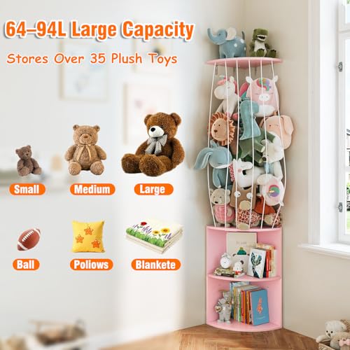 Image of 74.7 inch H Stuffed Animal Storage with 2-Tier Corner Bookshelf - Wall Mount Height Adjustable Plush Toy Organizer, Wooden Kids Bookshelf for Small Spaces Nursery Playroom Kids Room, Pink