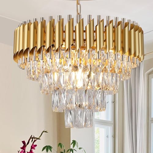Image of Virya Modern Chandeliers Black Golden K9 Crystal 4 Tier Round Crystal Chandelier Ceiling Light Fixture for Living Room and Hallway| Modern Ceiling Light Jhumar for Hall Light (Golden, 500mm)