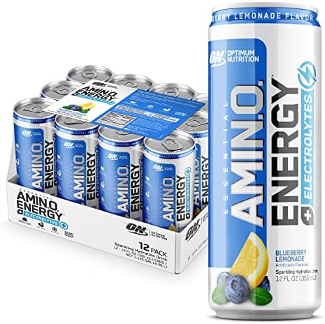 Optimum Nutrition Amino Energy Drink + Electrolytes for Hydration - Sugar Free, Amino Acids, BCAA, Keto Friendly, Sparkling Drink - Blueberry Lemonade, Pack of 12 (Packaging May Vary)
