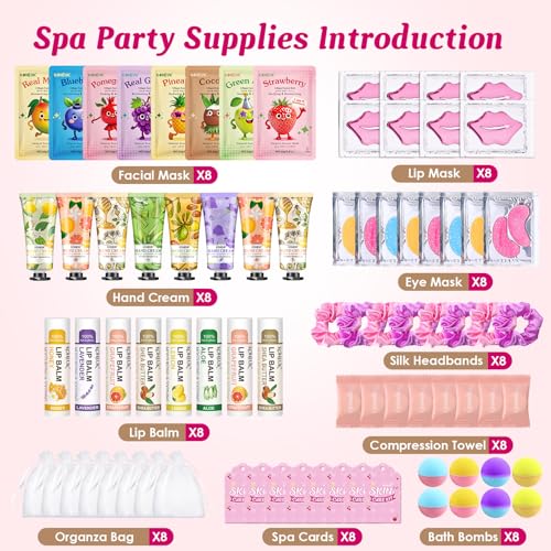 80PCS Spa Party Supplies for Girls, Include Facial Masks, Lip Balm, Hand Cream, Under Eye Patches, Lip Mask, Foot Bath Bombs, Compressed Towels, Sleepover and Spa Birthday Party Supplies for Girls - Thumbnail 2