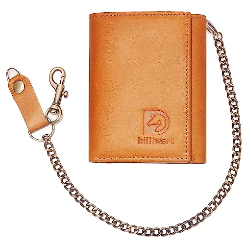 bill heart Trifold Chain Wallets for Men Biker Brown Wallet with RFID Blocking Genuine Leather Wallet Coin Pocket with Anti-Theft Chain