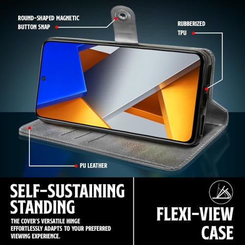 Image of WOW IMAGINE Shock Proof Flip Cover Back Case for Redmi Note 11T 5G | Poco M4 Pro 5G (Magnetic Button Flip Case | Wallet Pockets & Stand | Leather Finish | Stone Grey)