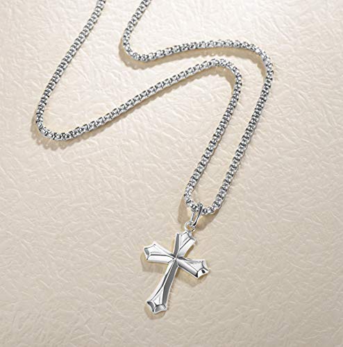 Fancime White Gold Plated 925 Sterling Silver Edgy Gothic Cross Pendant Necklace With Steel Box Long Chain Christmas Gifts For Him Men, Women 23.6-Inch #TOP4