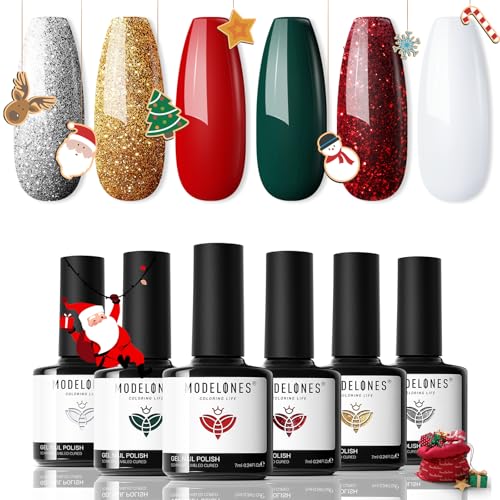 modelones Christmas Gel Nail Polish Set 6 Colors Winter Red Glitter Dark Green White Gold Silver Gel Polish Kit Soak Off Nail Art Manicure Home Gift for Women Girls