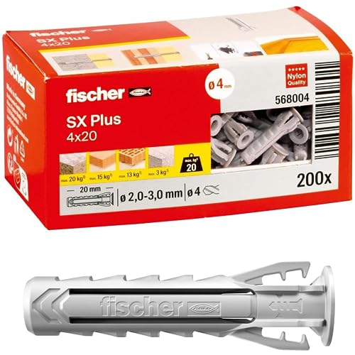 Fischer 200 Tasselli SX Plus 4x20 mm per Muro Pieno, Mattone Forato, Muratura, Calcestruzzo, per il Fissaggio di Lampadari, Mobili, Pensili, Mensole, 568004