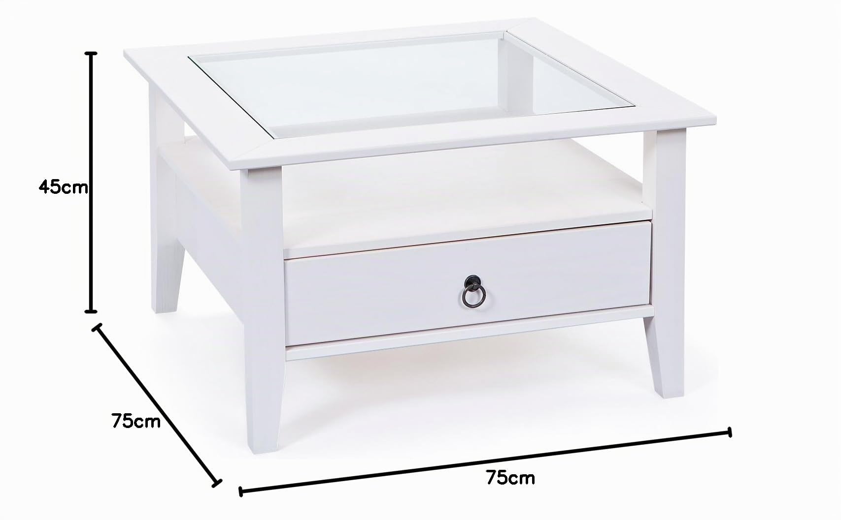 Inter Link - Mesa baja de madera maciza- Pino macizo - con tapa de cristal - 1 cajón teñido de blanco - 115 x 60 x 45 cm - Provence 1