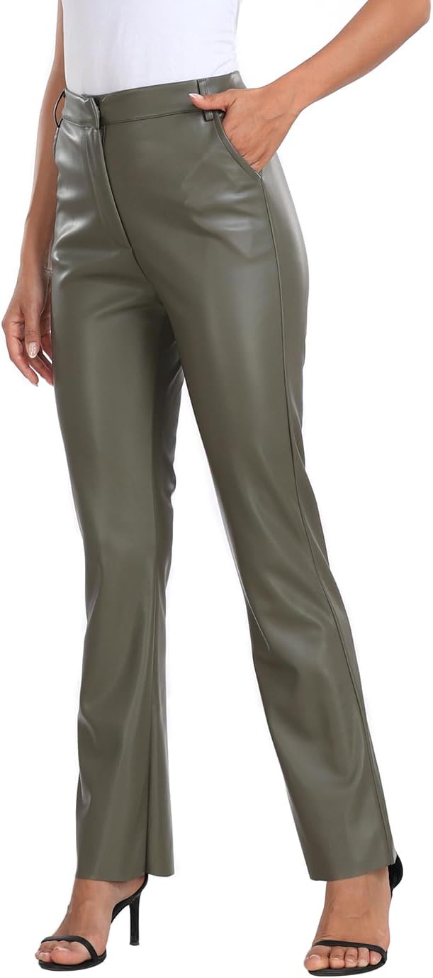 HDE Women's Faux Leather Pants High Waisted Straight Leg Trousers with Pockets - Image 3