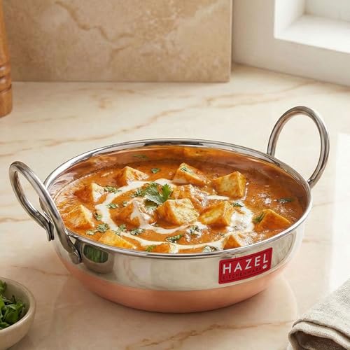 Image of HAZEL Stainless Steel Copper Bottom Kadhai with Glossy Finish, 1000 ml | Heavy Duty Steel Cooking Vessel | Deep Frying Pan Utensil for Kitchen