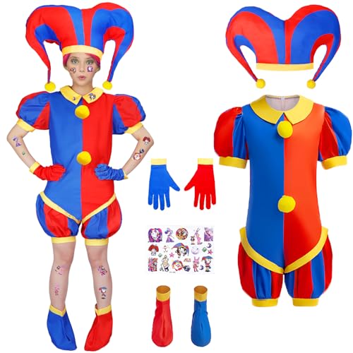 Circus Costume for Kids, Halloween Costume Clown Jumpsuit Dress Up Party Outfit Cosplay with Hat, Gloves, Shoe Covers