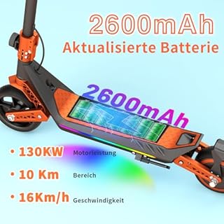 Elektroroller für Kinder, E Scooter mit Regenbogen-LED & Sicherheitsstart, 3 Geschwindigkeiten bis 16 km/h, 12KM Reichweite, doppelte Stoßdämpfer, doppeltes Sicherheitsbremssystem (Orange)