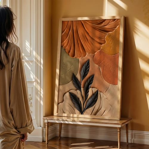 Image of NoWorries 3D Abstract Leaf Wall Painting with Frame Set of 1 | Premium Textured Black Leaf Artwork, Earthy Terracotta Botanical Wall Decor for Living Room, Bedroom, Office and Home Decoration (3d Art-5,13x19inch)