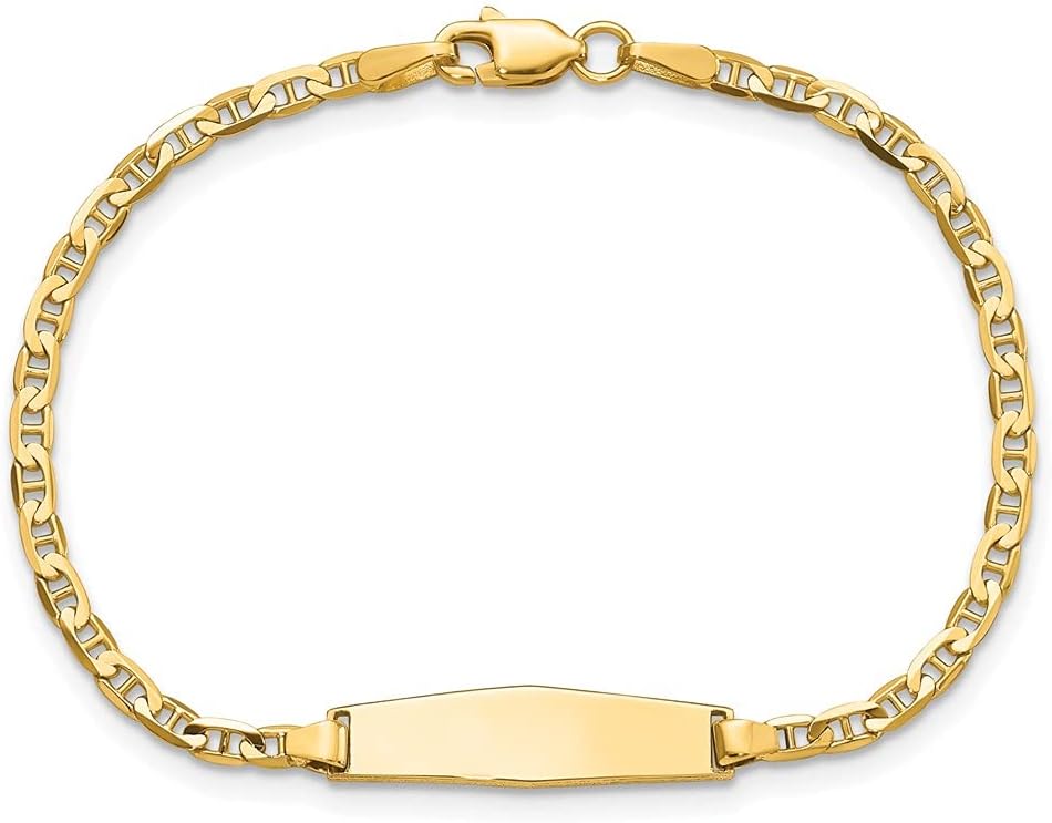 Engravable Personalized Custom 14K Yellow Gold Soft Diamond Shape Flat Anchor Link ID Bracelet For Men or Women Length 6 inches Width 5.2 mm