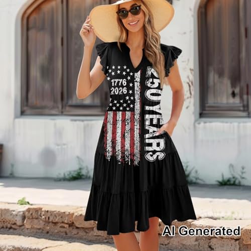 Image of Womens Summer Dress Ruffle Sleeve V Neck Dress Casual Fit Flowy Beach Vacation Sundress with Pocket S-2XL