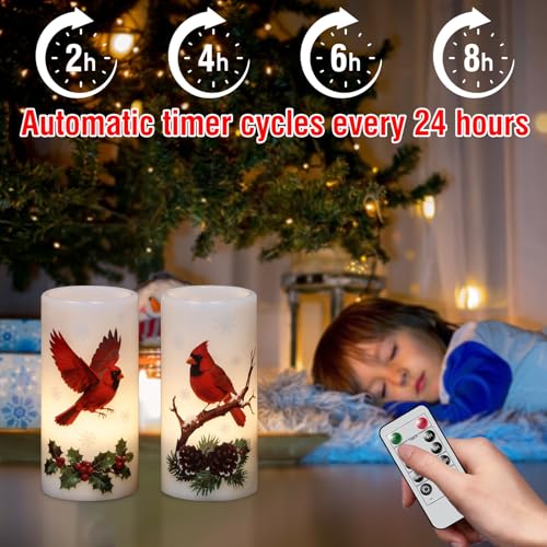 Image of Christmas Cardinal Flameless Pillar Candles with Remote Timer, LED Candles in Real Wax Holder, Battery Operated Candle for Christmas Decor Indoor Xmas Gifts(2 Pack, 3 inch x 6 inch)