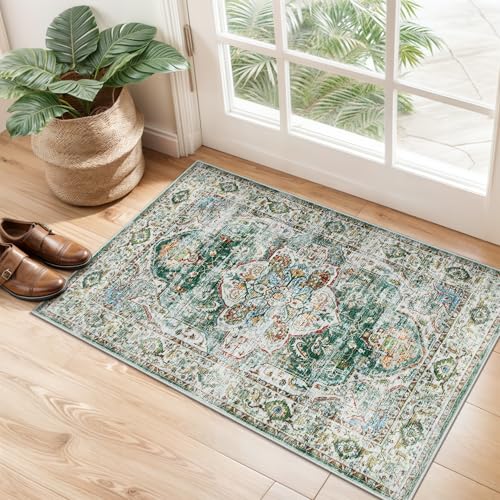 Madane Washable Area Rug 2x3, Small Entryway Rug Non-Slip Vintage Door Mat Indoor Entrance, Low Pile Floor Carpet for Inside Front Door Bedroom Kitchen Entry Laundry (2'x3', Green)
