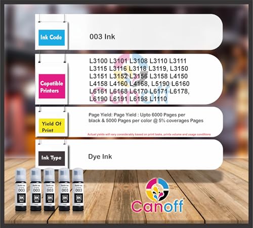 Image of CANOFF 003 Refill Ink Bottle Compatible for Epson L3110,L3150,L3250,L3252,L3115,L3116 Ink Tank Printers - High Yield,Long-Lasting,Easy to Refill Ink for Smooth Printing (003 Black Pack of 5pc.)
