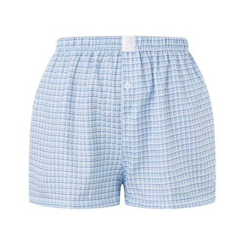 Image of Y2k Plaid Shorts Cute Baggy Ginghem Boxer Shorts for Women Checked Lounge Pajama Bottom Preppy Sleep Pj Shorts