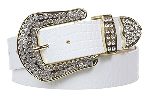 Ladies Snap On Western Alligator Rhinestone Leather Belt Size: L/XL - 39 Color: White