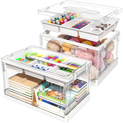 Casavibe Toy Storage Box & Craft Storage * Clear Plastic Craft Storage Box with Removable Tray Compartments & Latching Buckles for Art Supplies Beads Tools & Sewing