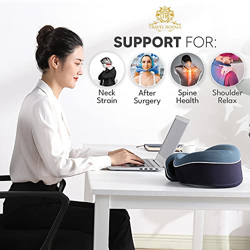 Travel Royale Neck Pillow Head, Chin, Neck 360° Support Pillow Adjustable 100% Pure Memory Foam Pillow For Airplanes, Car & Home, Ergonomic Design Full Neck Surround Bundle Eyecover & Earplugs (Navy) #TOP5