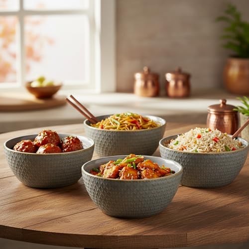 Image of The Earth Store Grey Embossed Ceramic Bowl Set of 2 - 500ML Each | Ceramic Mixing Bowls for Snacks, More | Rice, Dal, Fruits, Salad | Microwave Safe Bowl Set | Perfect for Gifting & Daily Use
