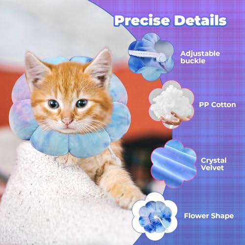 Image of Flower Cat Cone, Uadonile Adjustable Cat Cone Collar, Soft Dog Elizabethan Collar Recovery E Collar After Surgery, Recovery E-Collar for Kittens /Puppies and Cats Recovery(Tie-dye Purple Blue, S)